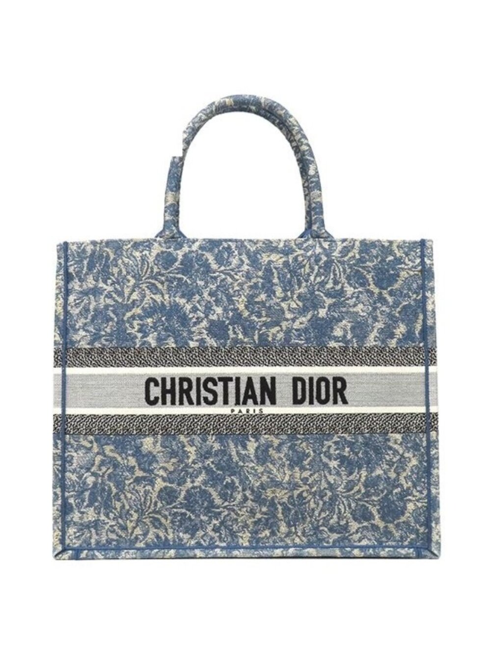 Dior Tote Book Large Cotton Blue Embroidery Botanical Pattern